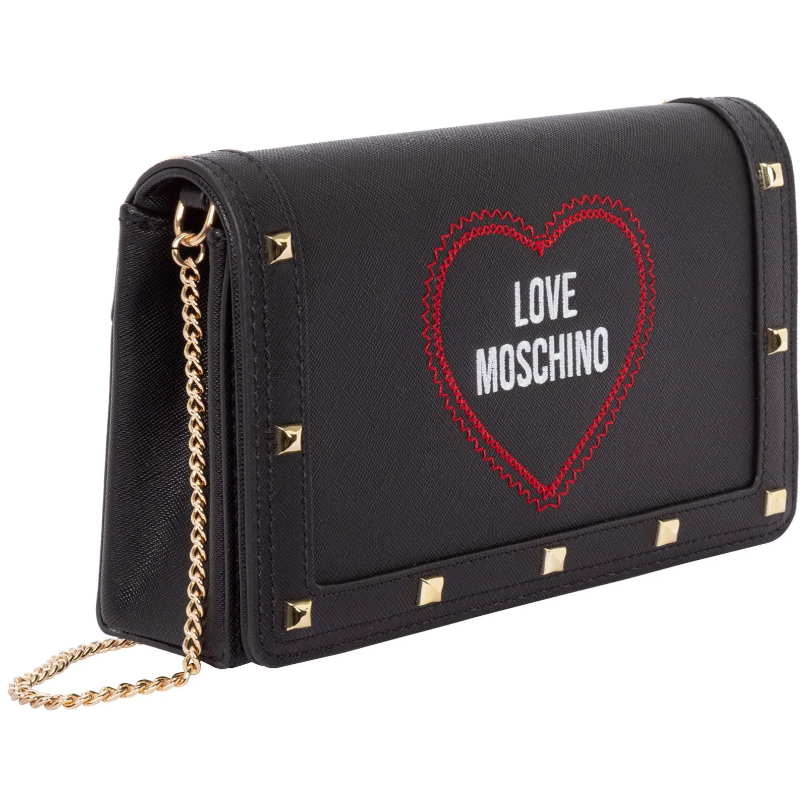 Love Moschino Logo Embroidered Chained Clutch Bag