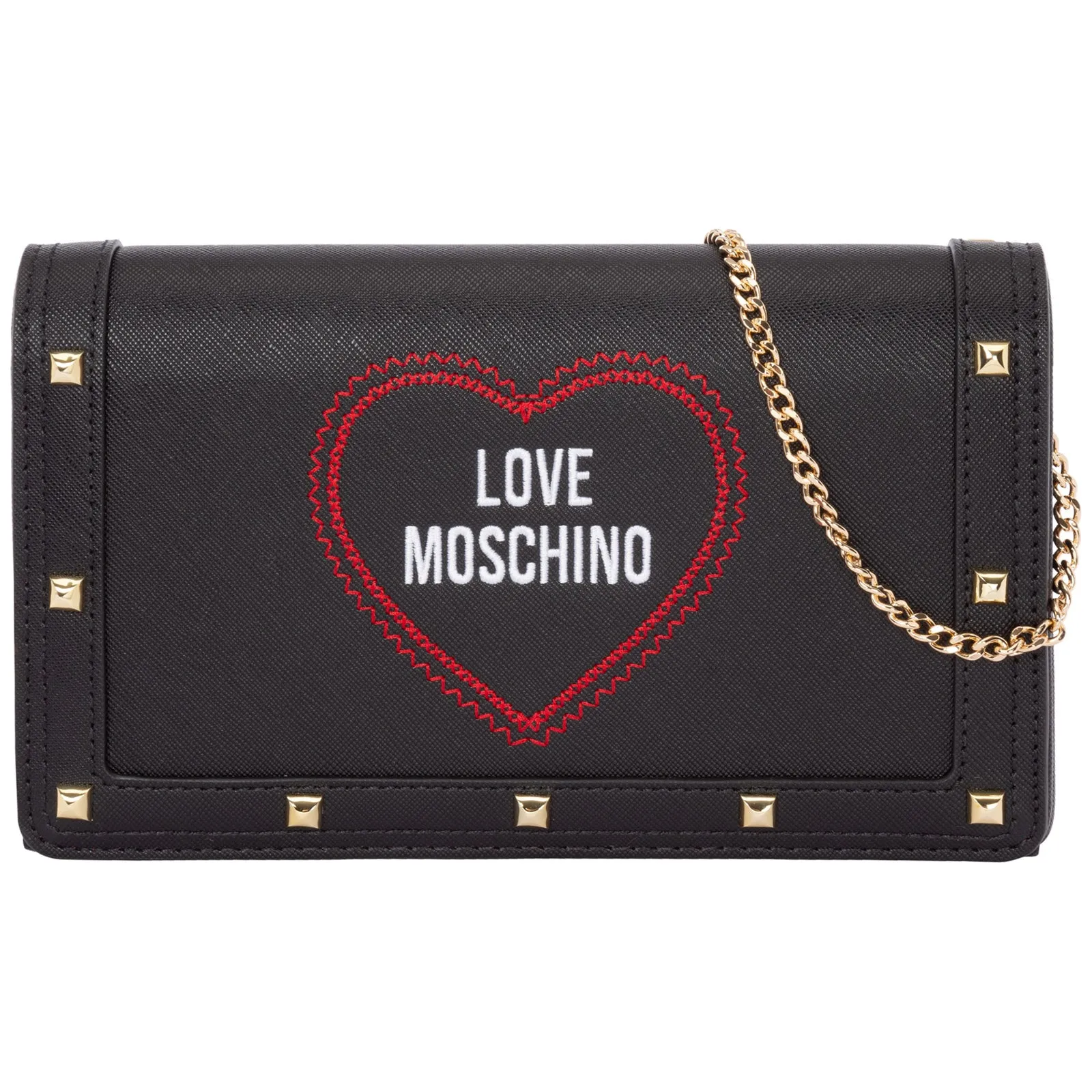 Love Moschino Logo Embroidered Chained Clutch Bag