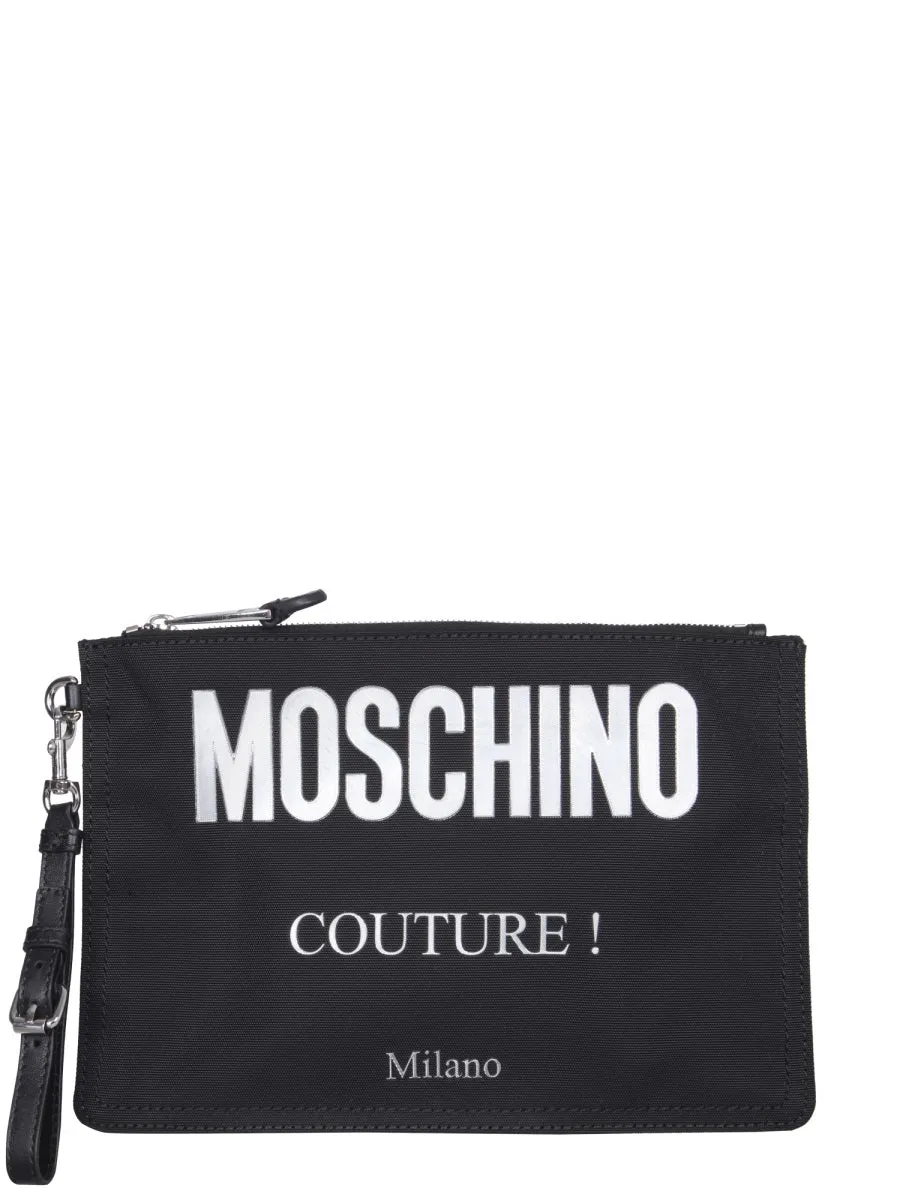 Moschino Couture Logo Printed Zipped Clutch Bag