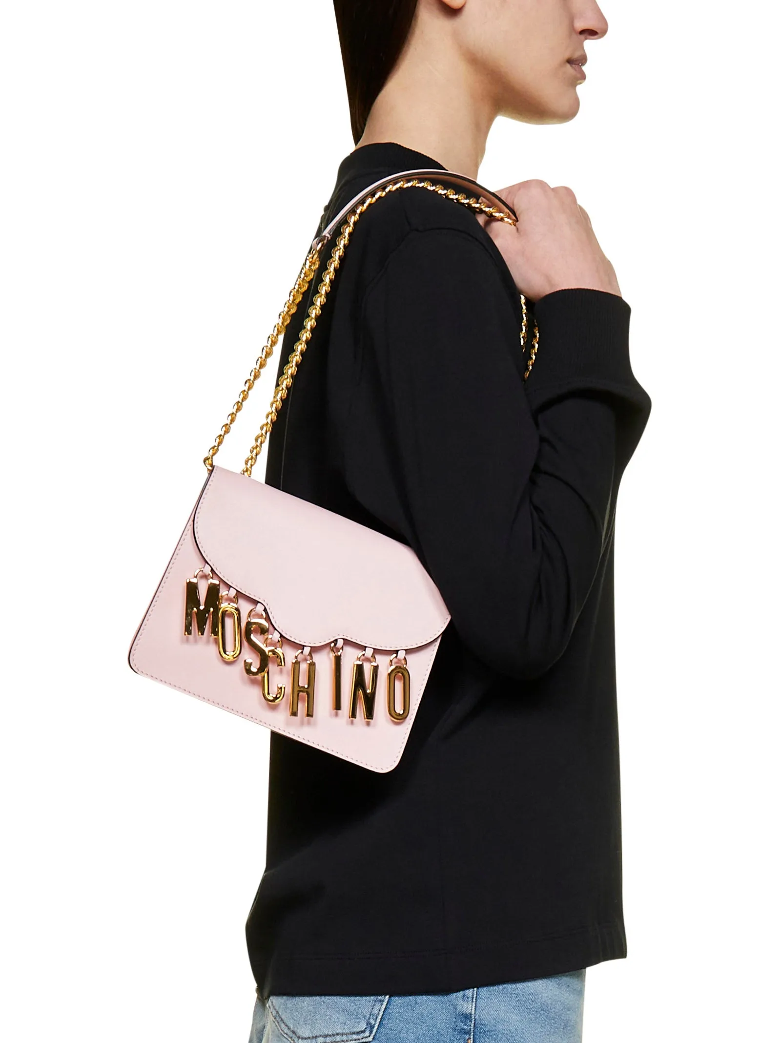 Moschino Logo Lettering Chain Link Shoulder Bag